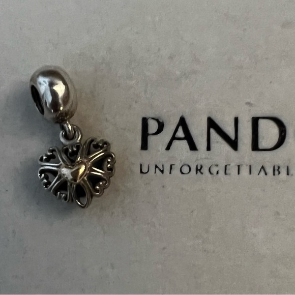 Pandora 14kt gold & silver two toned old vintage dangly heart bracelet charm - Picture 5 of 6